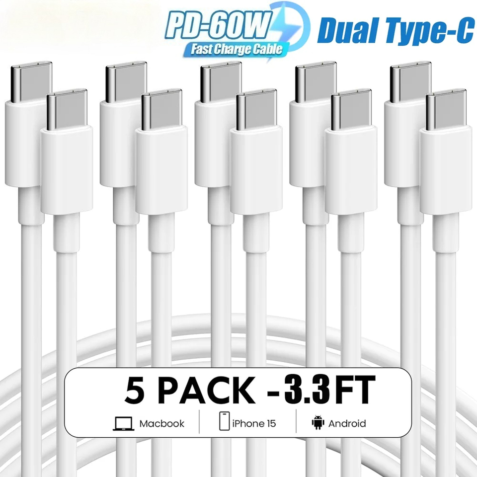 5 pacote 3.3ft 60w/3a usb c para tipo c cabo de carregamento rápido para iphone 15 série macbook pro ipad samsung xiaomi linha