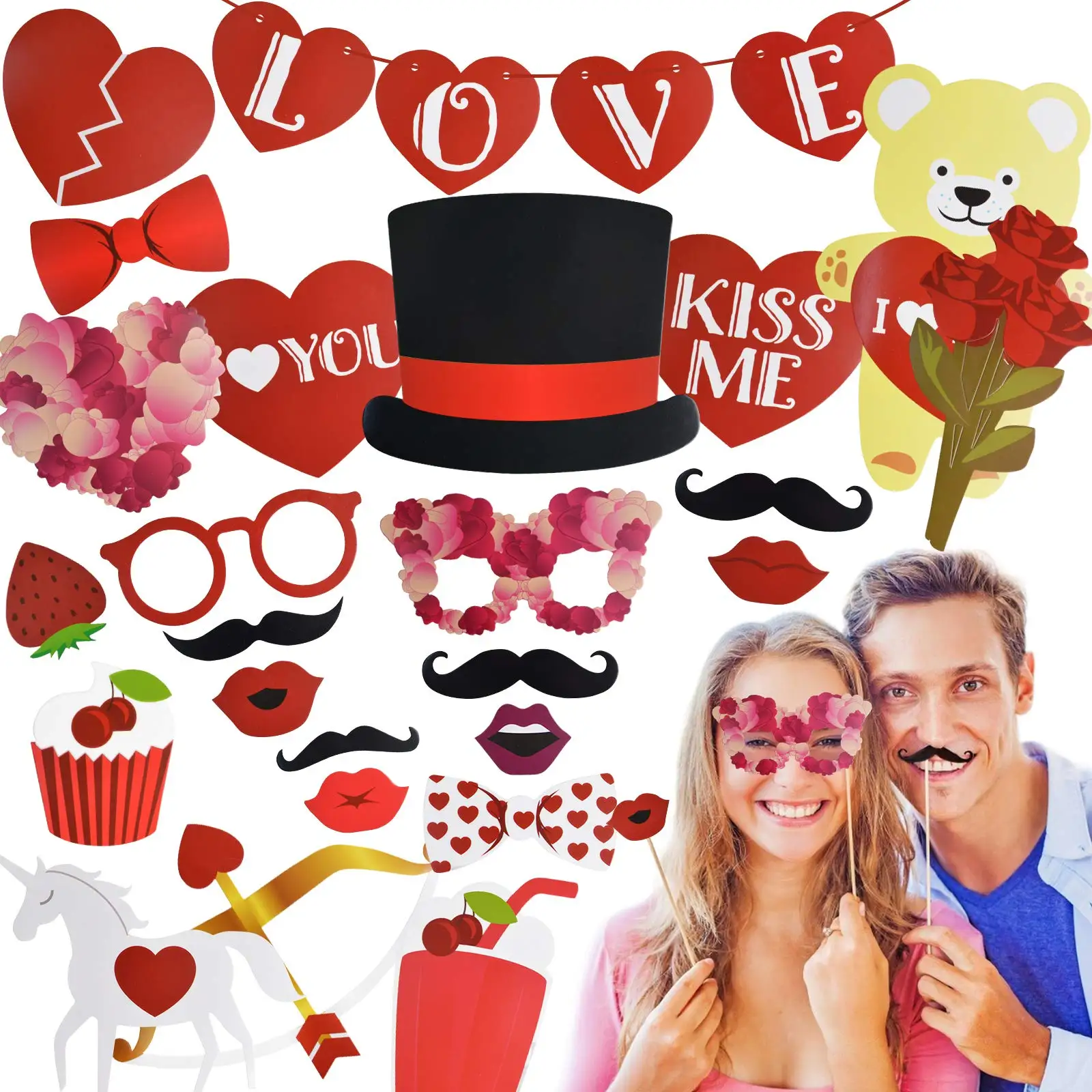

35Pcs Valentines Day Wedding Photo Booth Props DIY Required Party Decorations Supplies with Sticks Favors Mustache on a stick