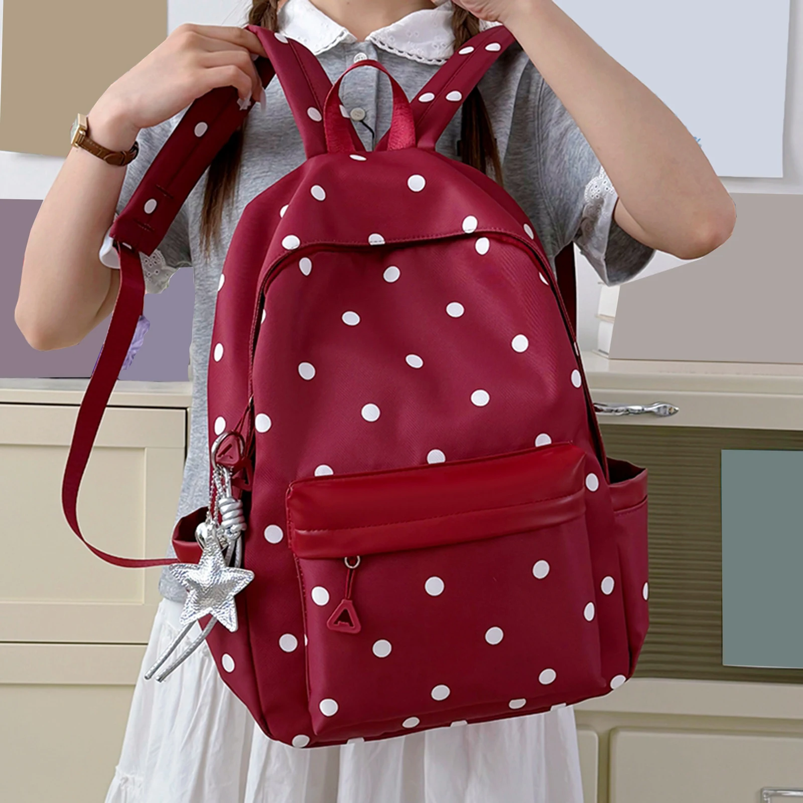 Polka Dot Aesthetic Preppy Backpack Kawaii Sweet Campus Bookbag Travel Casual Daypack for Elementary & Middle Girl Students 6