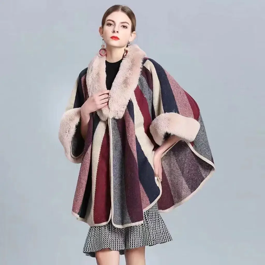 

Autumn Winter New Imitation Otter Rabbit Fur Collar Jacquard Cape Large Knitted Ponchos Women Capes Cloak