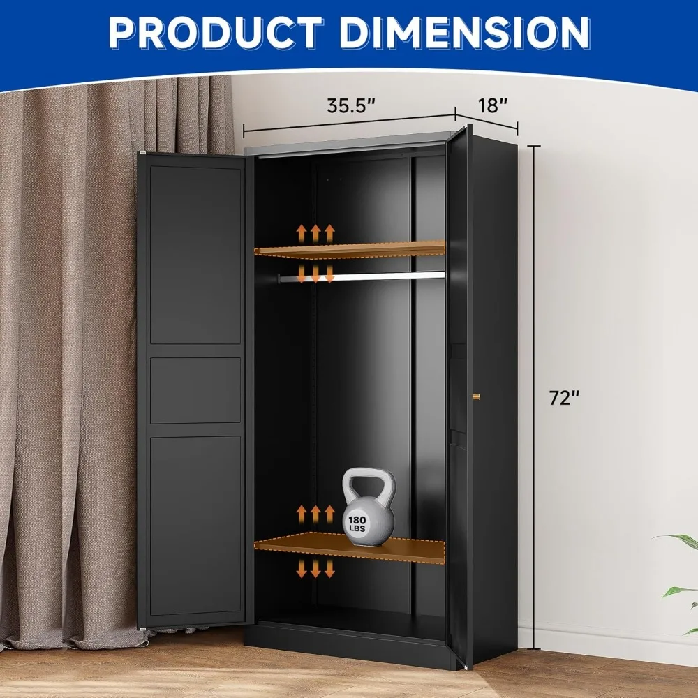 Metal Armoire Wardrobe Closet with 2 Doors 72'' Wardrobe Cabinet with Hanging Rail Metal Closet with Adjustable Shelves for Bedr 4