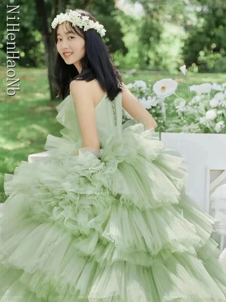 Exquisite Spaghetti Strap Wedding Dress Green Puffy Quinceanera Dresses Floor-length Vestido De Debutante