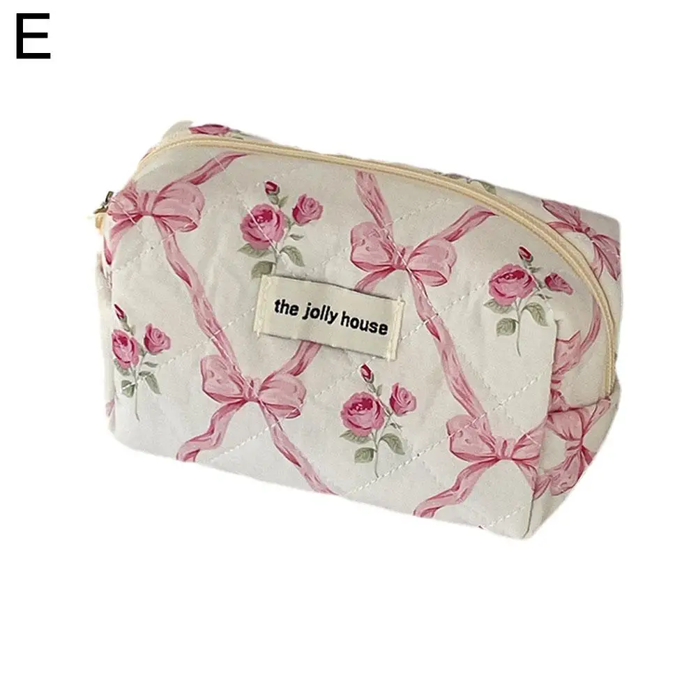 Women Cute Bow Flower Zipper Quilting Cotton Makeup Bag