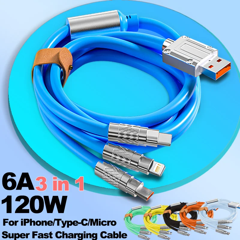 

120W 6A Zinc Alloy 3 In 1 Silicone USB Ultra Fast Charge Data Cable For iPhone Xiaomi HUAWEI Redmi Charging Cable With Indicator