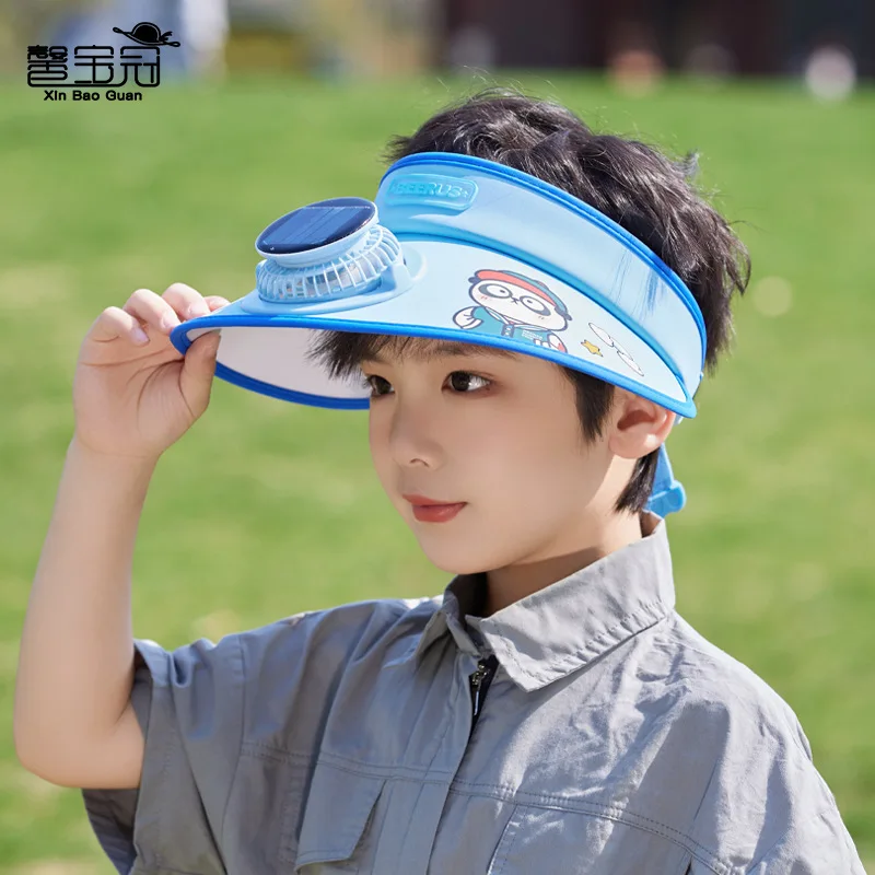 3-10세 어린이용 USB 충전 팬 태양광 팬이 있는 챙 넓은 빈 상단 햇빛 가리개 모자 (남아/여아 야외용)