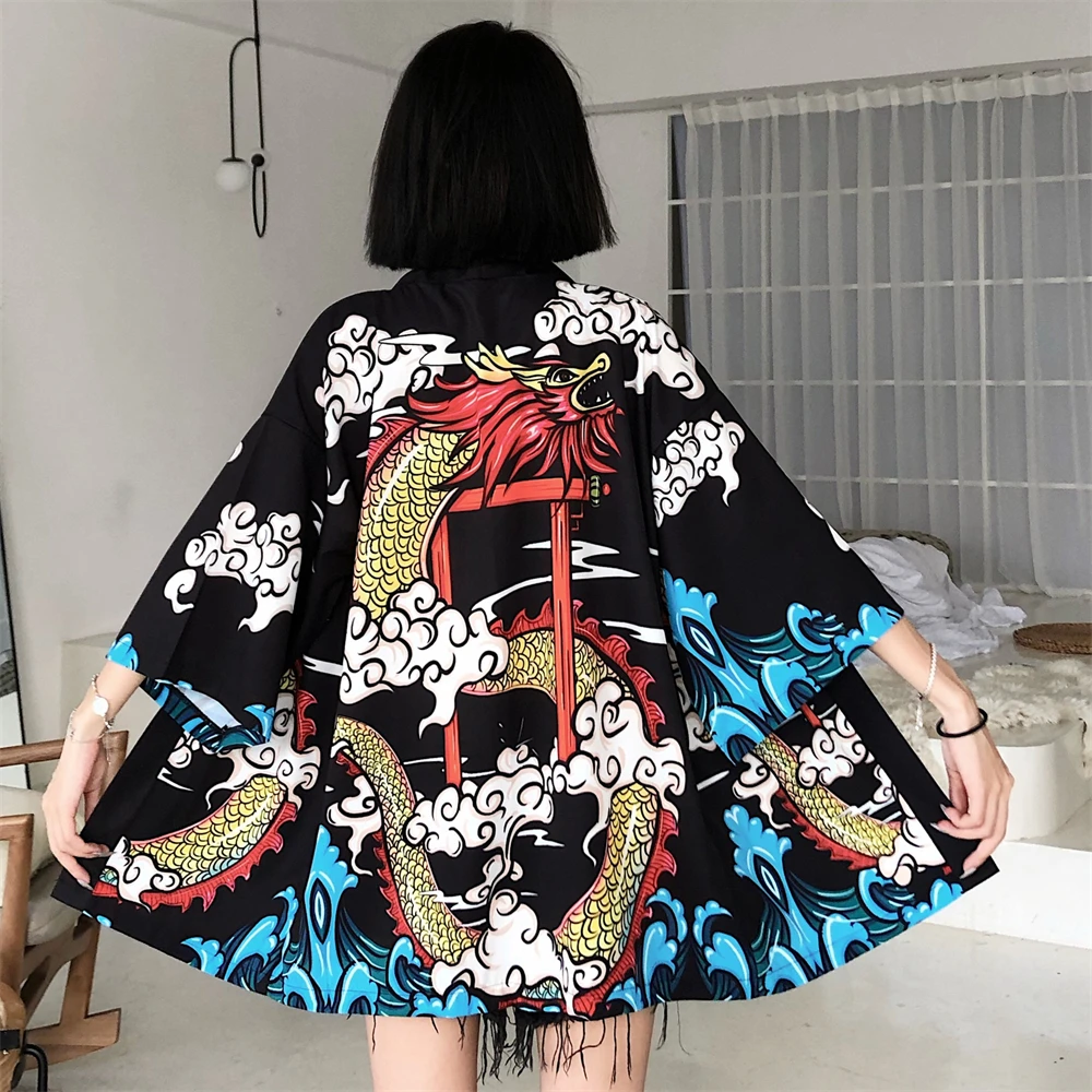 Japanese Style Samurai Black Dragon Print Kimono Women Sunscreen ...