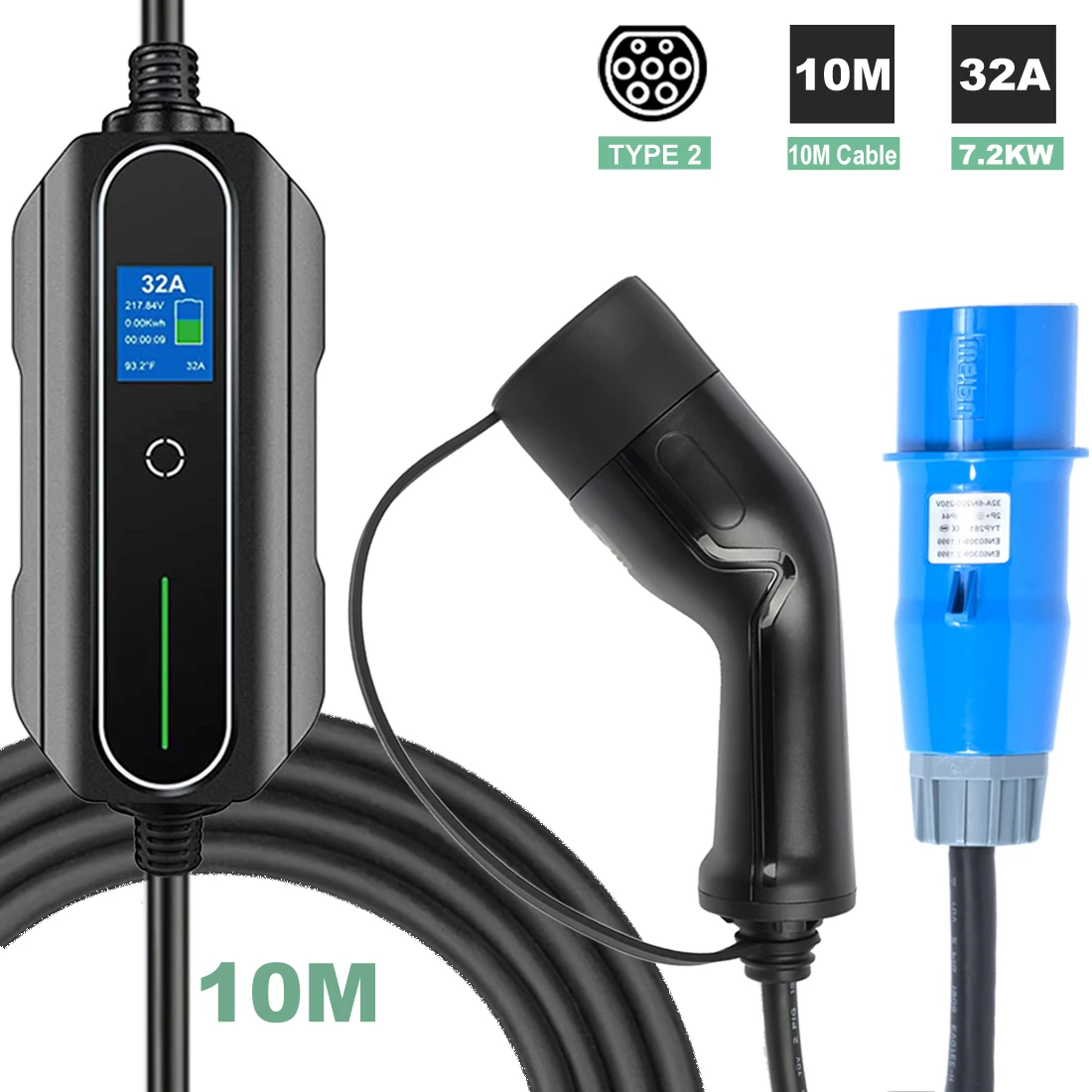 10M Portable EV Charger Type 2 32A Single Phase 7.2KW with10 Meters Cable Level 2 Car Charger CEE Plug for Electric Vehicles