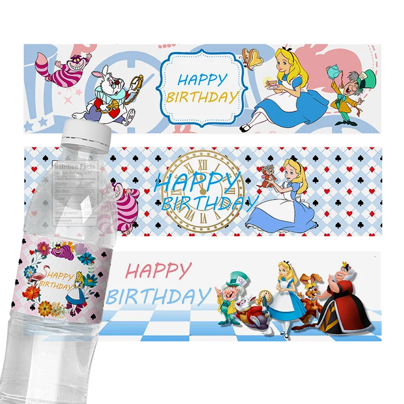 

6pcs Disney Alice In Wonderland Theme Party Water Bottle Labels Sticker Wrappers Kids Birthday Event Party Decorations Supplies