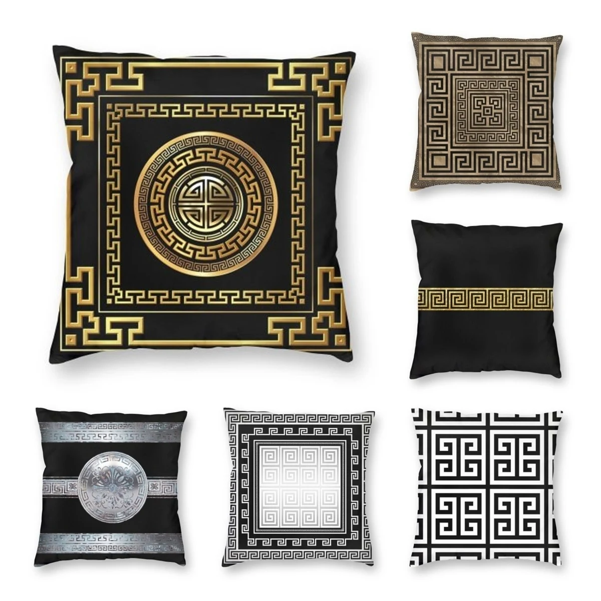 GreekKeyMeanderBlackGoldLargePillowcaseSoftCushionCover
