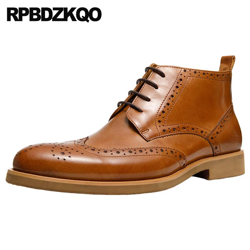 

Oxfords Derby Formal Booties Boots Brogue Men Shoes Pointed Toe Wingtip Genuine Leather Tan Lace Up Flats Office Cow Skin Dress