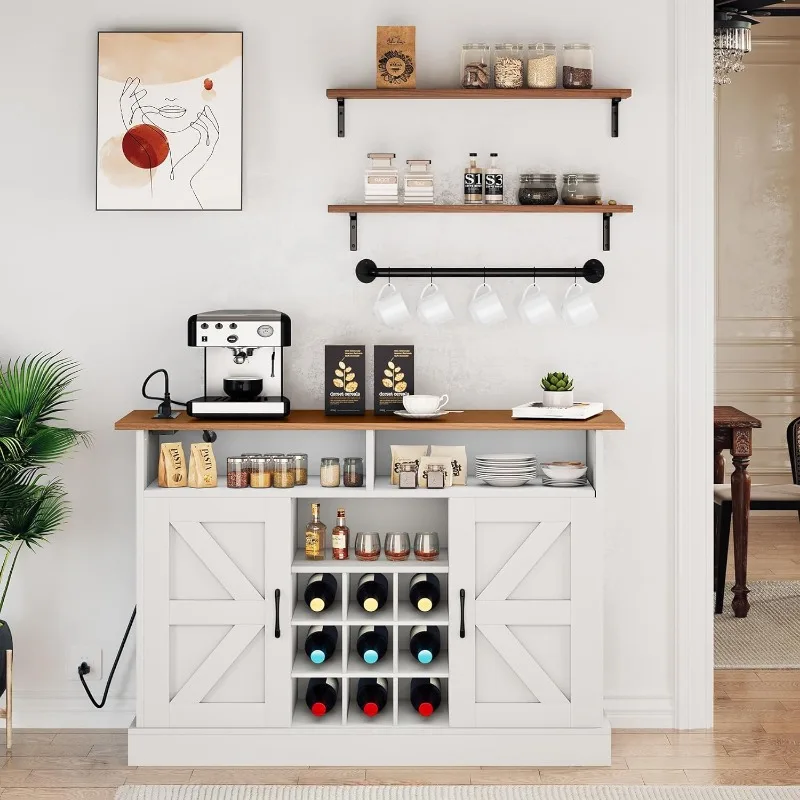 

Farmhouse Bar Cabinet with Storage, 47" Buffet Cabinet with Two Floating Shelves, Sideboard Cabinet with Power Outlet, Coffee