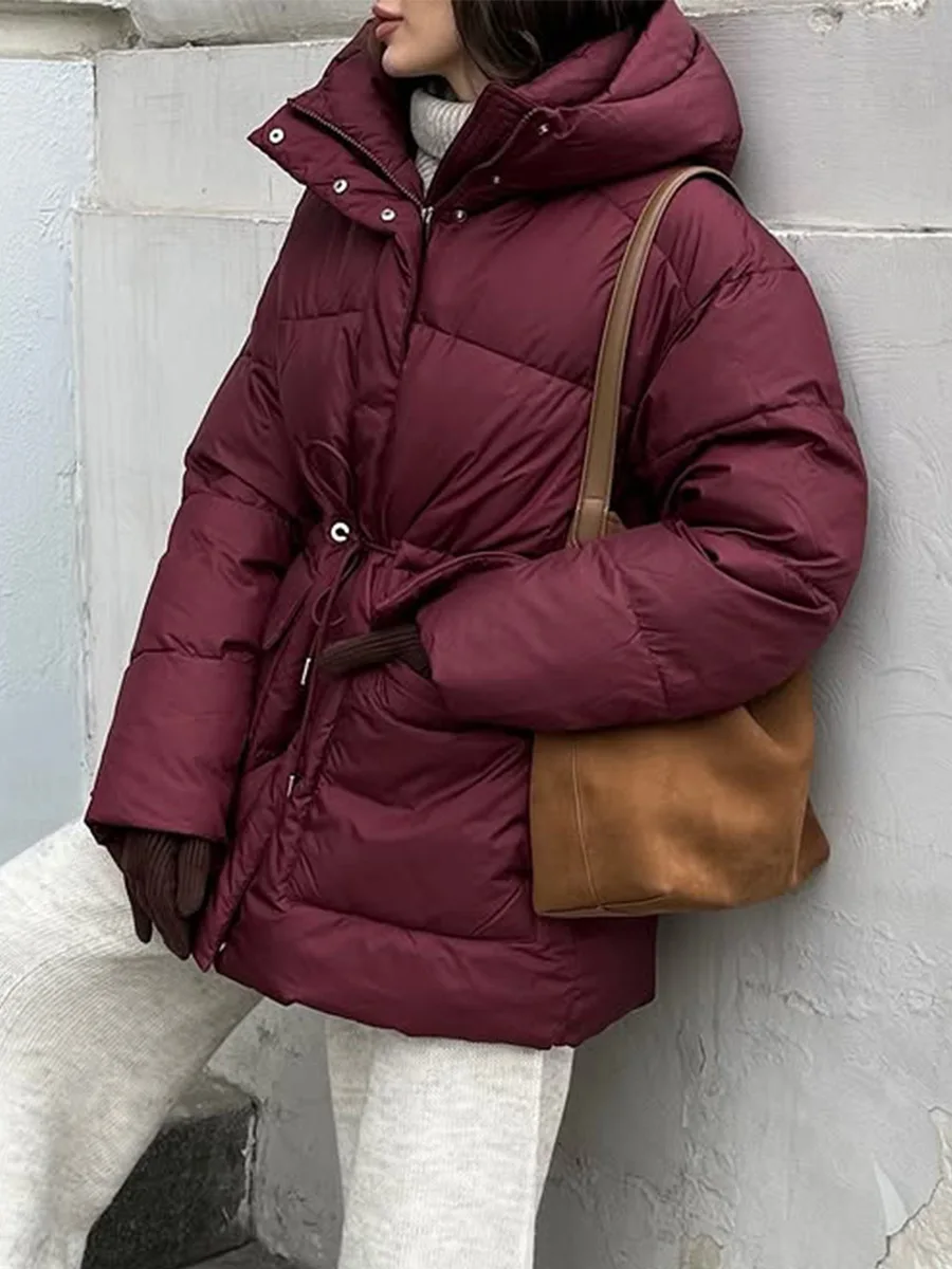 Bornladies New 2025 Winter Women Wine Red Hooded Puffer Coat Drawstring Waist Zipper Warm Bread Jacket Outerwear