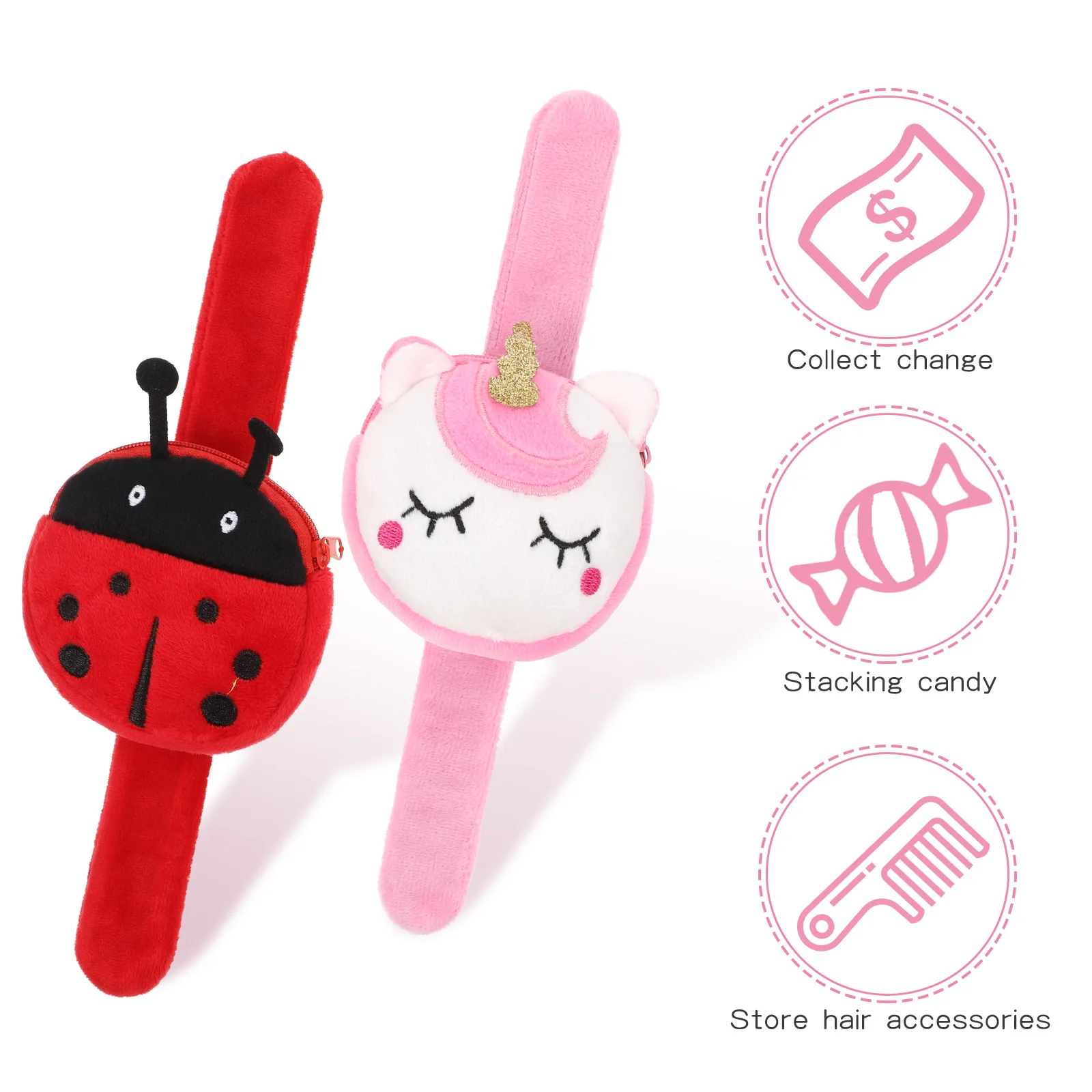 Animal Slap Bracelet Coin Purse Ladybug Plush Stuffed Animal Hugger Snap Wristband Wallet Kids Birthday Party Gifts