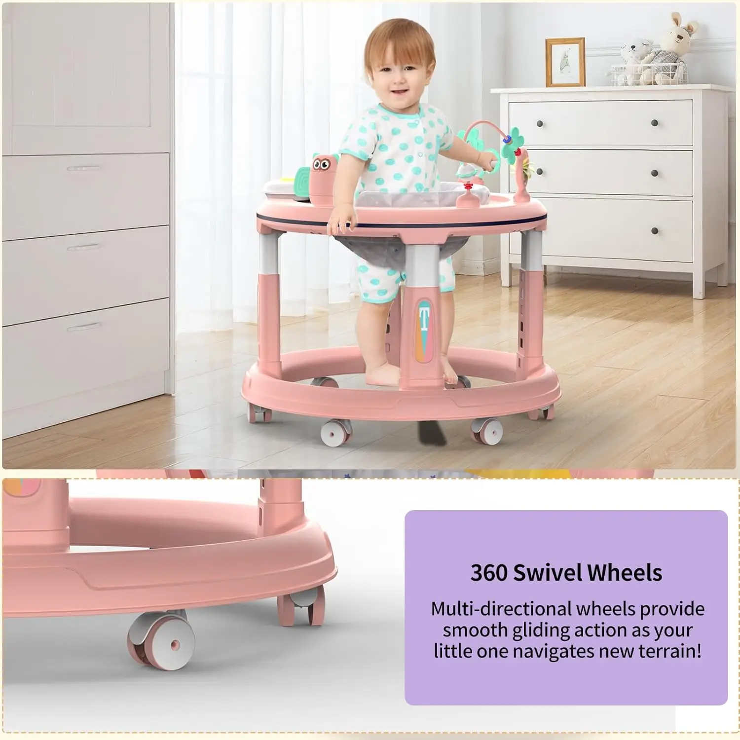 Baby Walker with 5 Adjustable Heights Baby Activity Center Features 360° Swivel Seat Music Detachable Toys Bounce Foot Pad 2