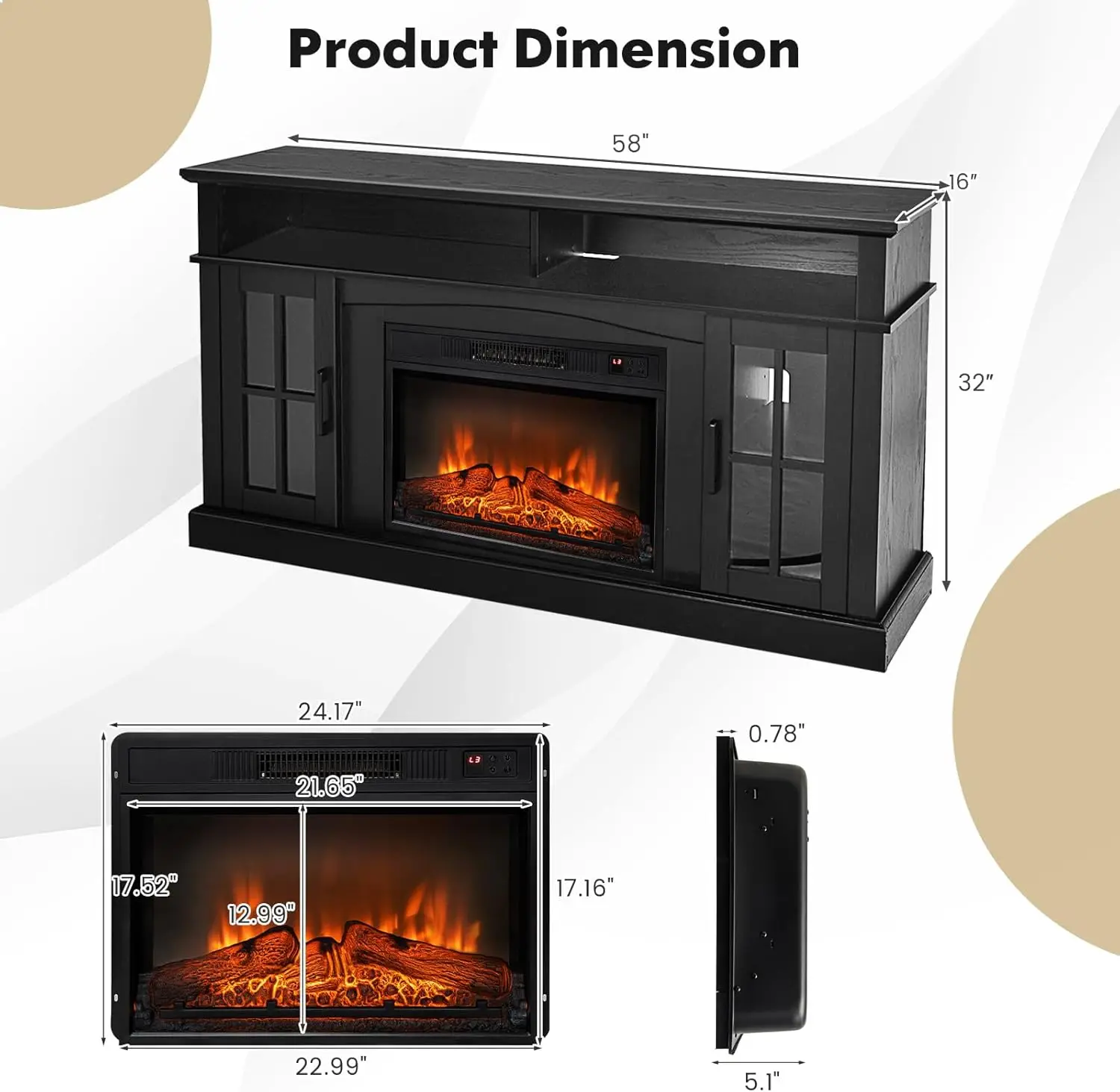 Electric Fireplace TV Stand for TVs Up to 65 Inches 1400W Heater Insert with Remote Control 6H Timer 3-Level Flame