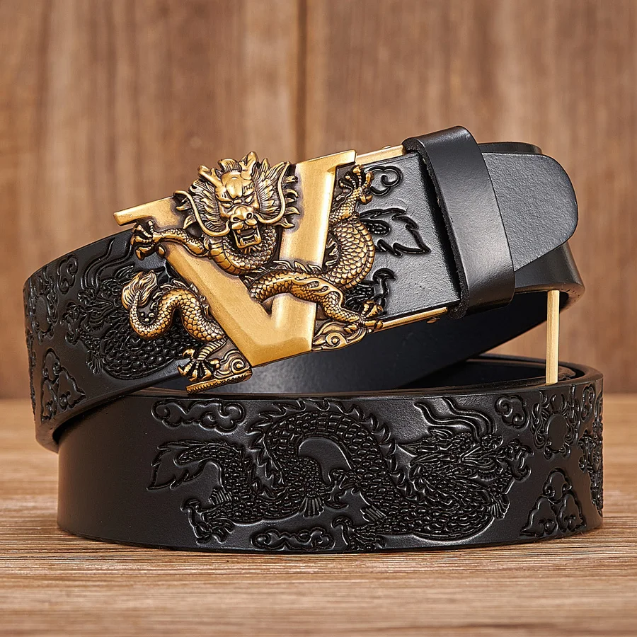 Male Genuine Leather Belts Casual Ratchet Belt with Automatic Buckle Luxury Design Dragon Pattern Belts for Business Men Strap