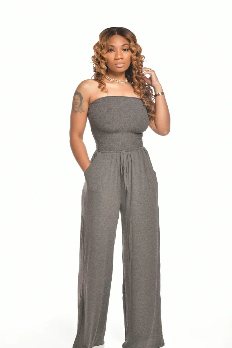 2021 Casual Off Shoulder Wrap-chest Wide-leg Jumpsuits Women Spring Summer Slim Sexy Distressed Fold Sashes Rompers Plus Size