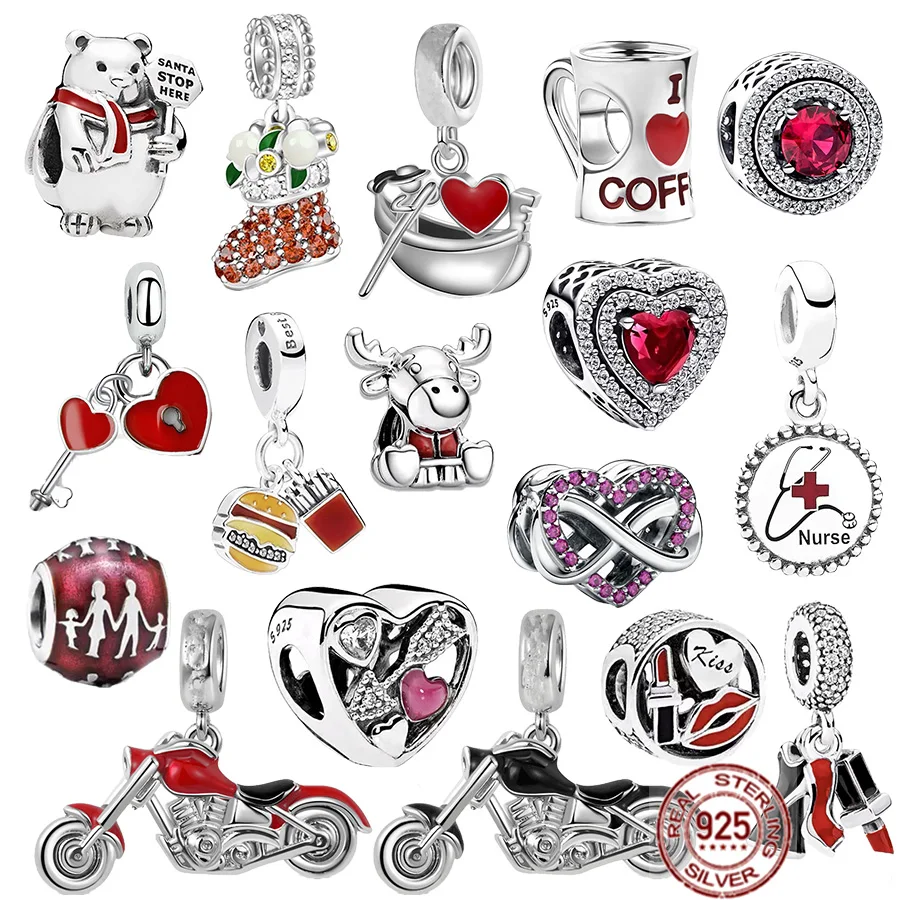 

925 Sterling Silve Sparkling Red Levelled Heart，Gondola，Motorcycle Dangle Charm Bead Fit Original Pandora Bracelet Women Jewelry