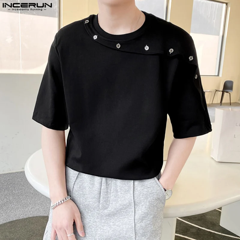 

Casual Simple Style Tops INCERUN Men Fashion O-neck Patchwork Button T-shirts Male Solid Color Short Sleeved Camiseta S-5XL 2023