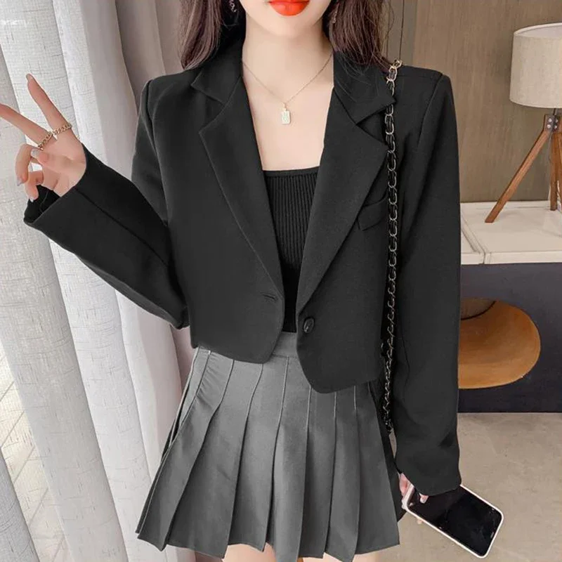 Women Korean Cropped Blazers Solid Color Simple Single-button Outwear Teens All-match Long Sleeve Office Suit Jacket blazer