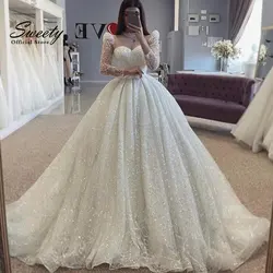 Luxury Wedding Dress Embroidered Lace On Net With Ball Gown Train Elegant Boat Neck Full Sleeve bridal Gowns Button Robes De Ma