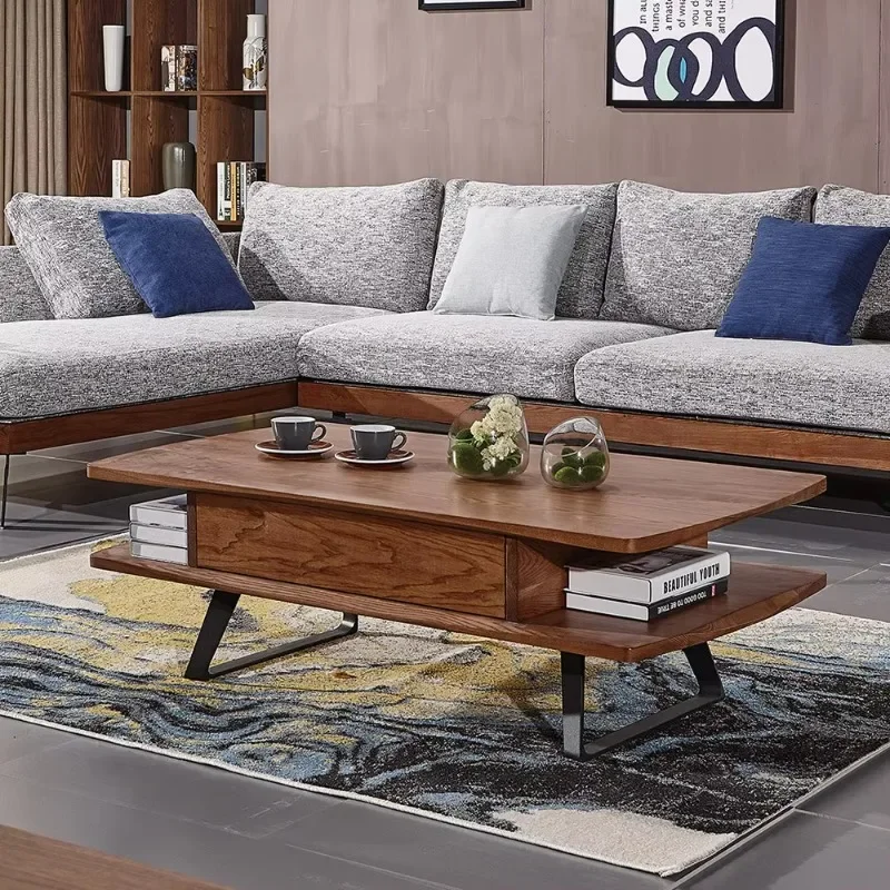 Modern design brown solid wood modular sofa wooden coffee table Nordic living room set