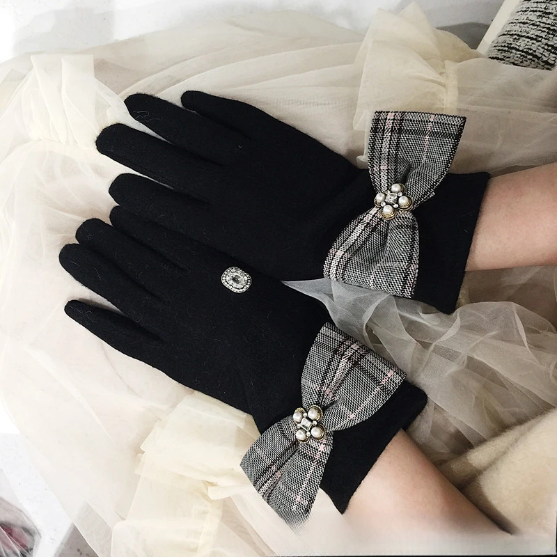 2020 Jesień/Zima Nowe Podzielone Palce Cookie Brytyjski Wzór Kokarda Styl Wełna Kaszmir Rękawiczki dla Kobiet_voghion.com