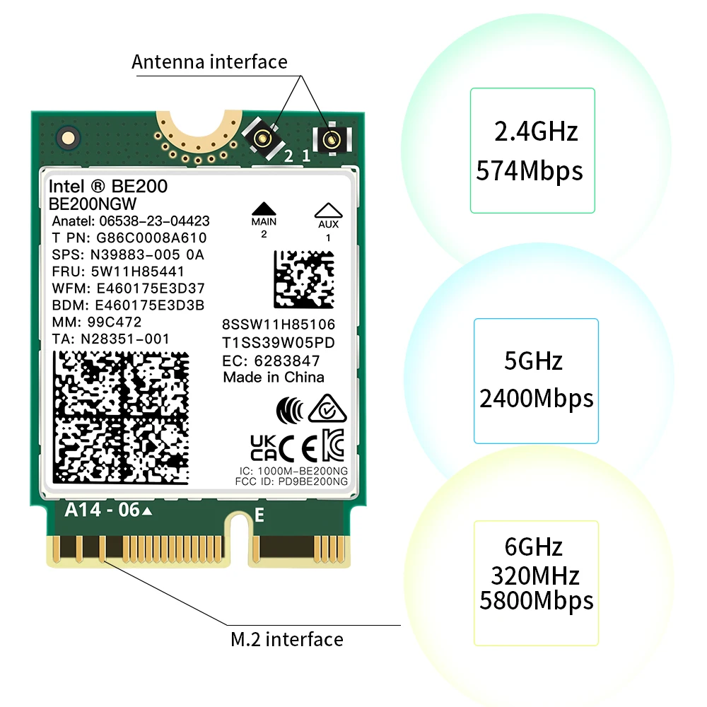 Adaptador de Rede sem Fio 8774mbps Be200 Wifi M.2 Bluetooth 5.4 Intel Be200ngw Cartão Tri Band 2.4 6ghz - Imagem 4