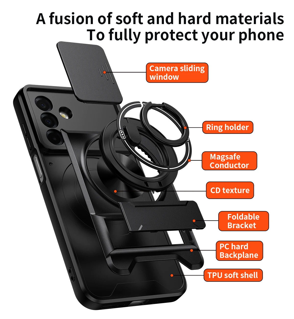 Shockproof Armor Case with Slide Lens Protector and Ring Holder