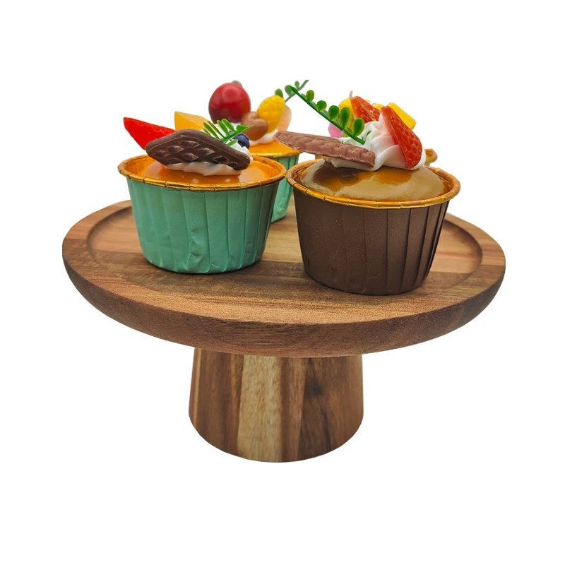 1PC 높은 발 케이크 접시 아카시아 나무 장식 차 접시 컵케익 디저트 테이블 디스플레이 스탠드 오후 차 과일 스낵 트레이