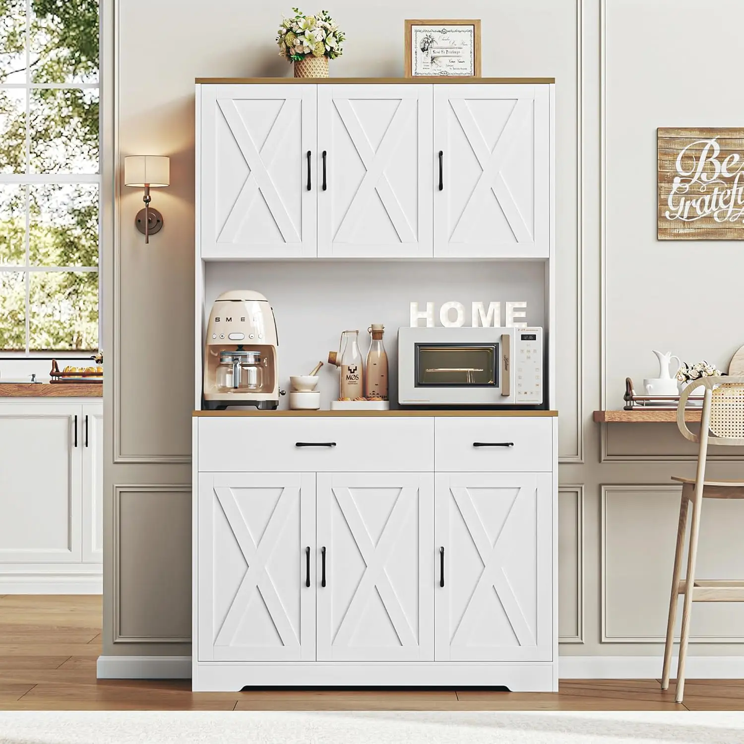 Pantry Cabinet with Charging Station, Tall Kitchen Pantry Storage Cabinet with Microwave Stand, Farmhouse Kitchen Hutch
