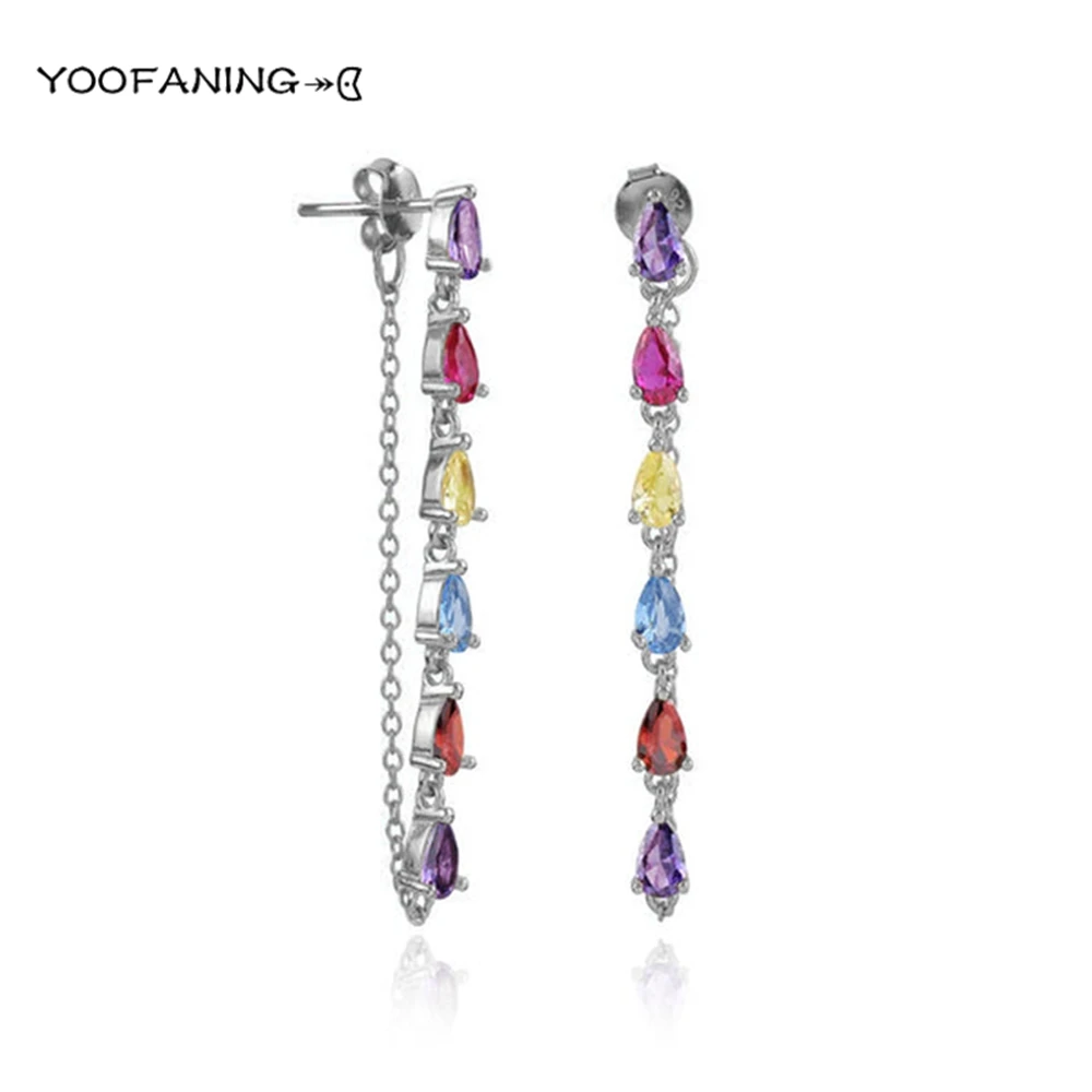 925 Sterling Silver Ear Needle Classic Silver Earrings, Colorful Zircon Flowers Chain Tassel Series Fashionable Women's Jewelry 2