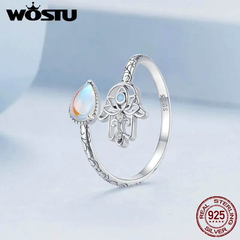 WOSTU 925 Sterling Silver Lucky Mano di Fatima Anello di apertura Arcobaleno Pietra di luna Lacrima Anelli impilabili Regalo di gioielli per feste  36