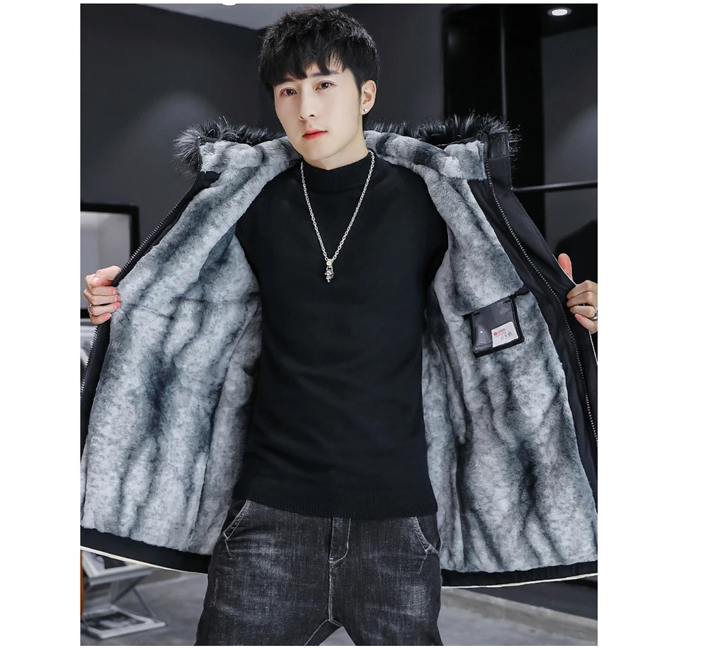 DIMUSI Winter Men's Mid-Long Parkas Coats Male Thermal Hooded Jackets Men Classic Fur Collar Fleece Liner Padded Jacket Clothing