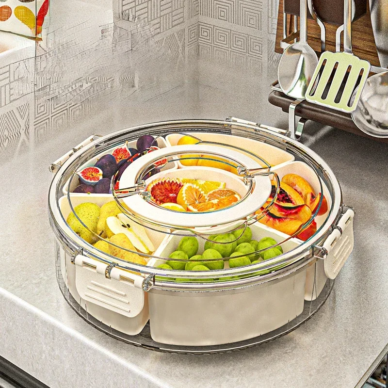 Six Point Rotating Fruit Tray with Handle Sealed Moisture-proof Dried Fruit Tray Portable Household Circular Snack Box with Lid fruit plate wooden serving tray snack dish plastic serving tray