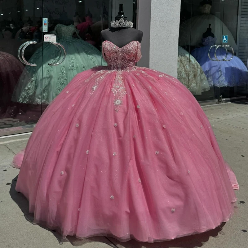 

Pink Shiny Princess Quinceanera Dresses Off The Shoulder Applique Beads Tull Corset Sweet 16 Dress Vestidos De 15 Anos Birthday