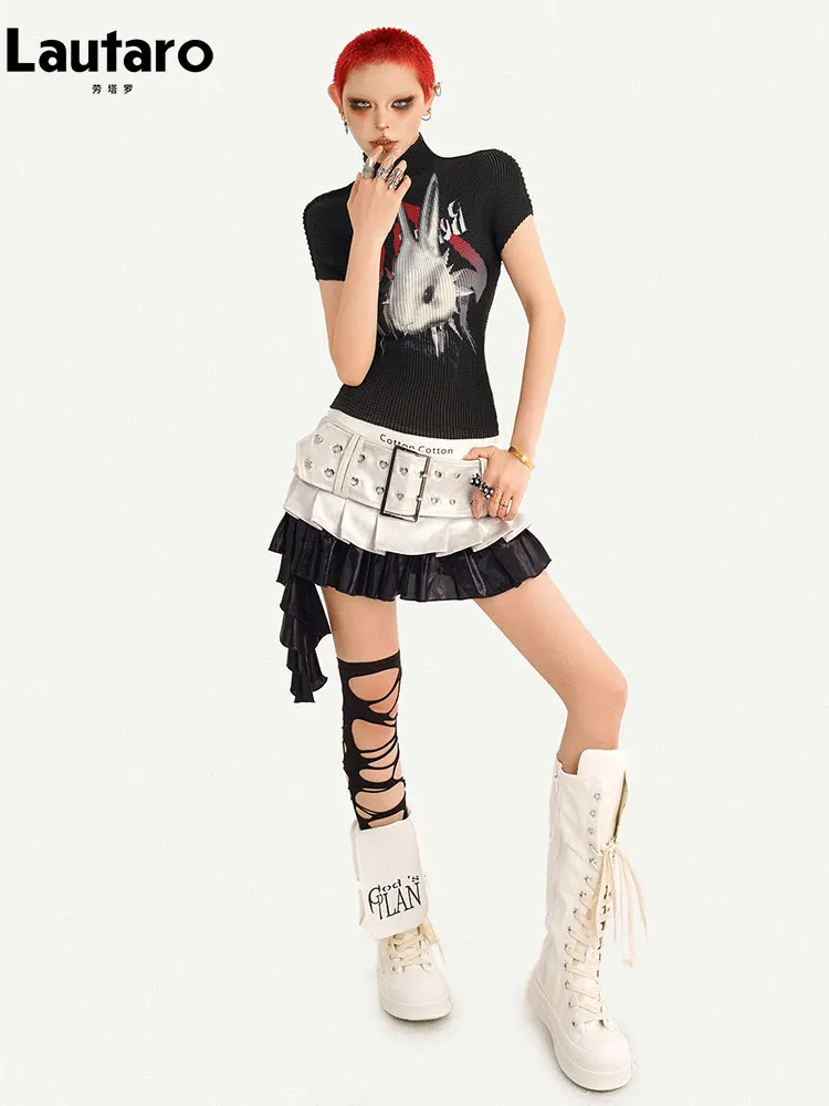 Lautaro Spring Summer Silver Patchwork Black Pu Leather Mini Skirt Women Belt Luxury Designer Punk Style Clothes Streetwear 2026 - Image 2
