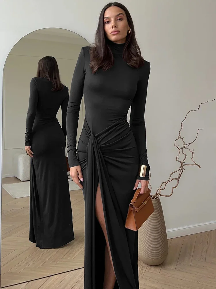 Turtleneck Thigh High Split Sexy Maxi Dress For Women Fashion Long Sleeve Draped Bandage Bodycon Club Long Dress 6