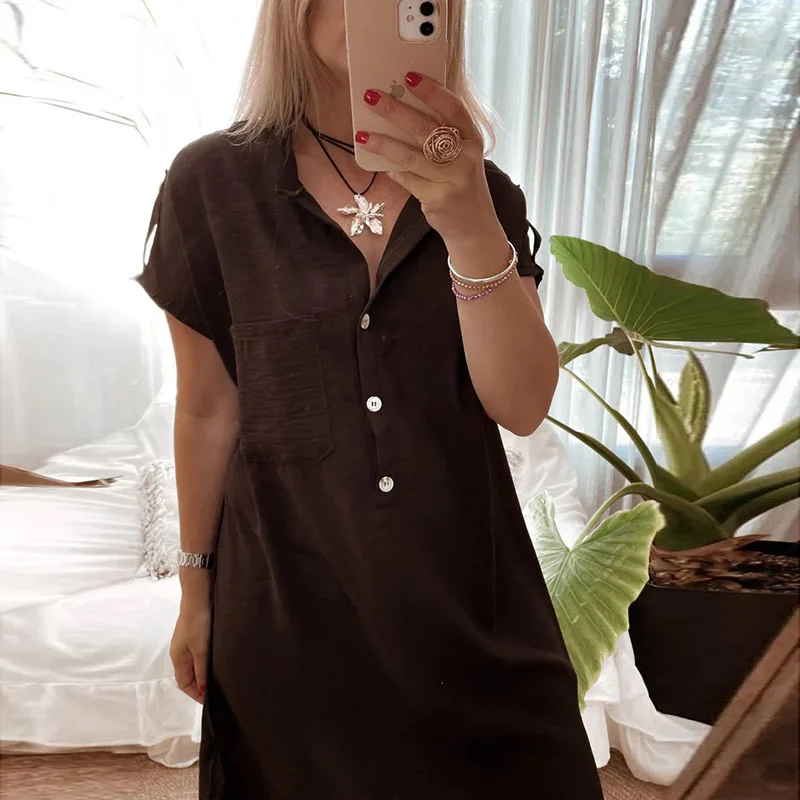

Spring Sexy Solid Cotton Linen Shirts Dress Women Button Lapel Split Irregular Long Dress Summer Short Sleeve A-Line Party Dress