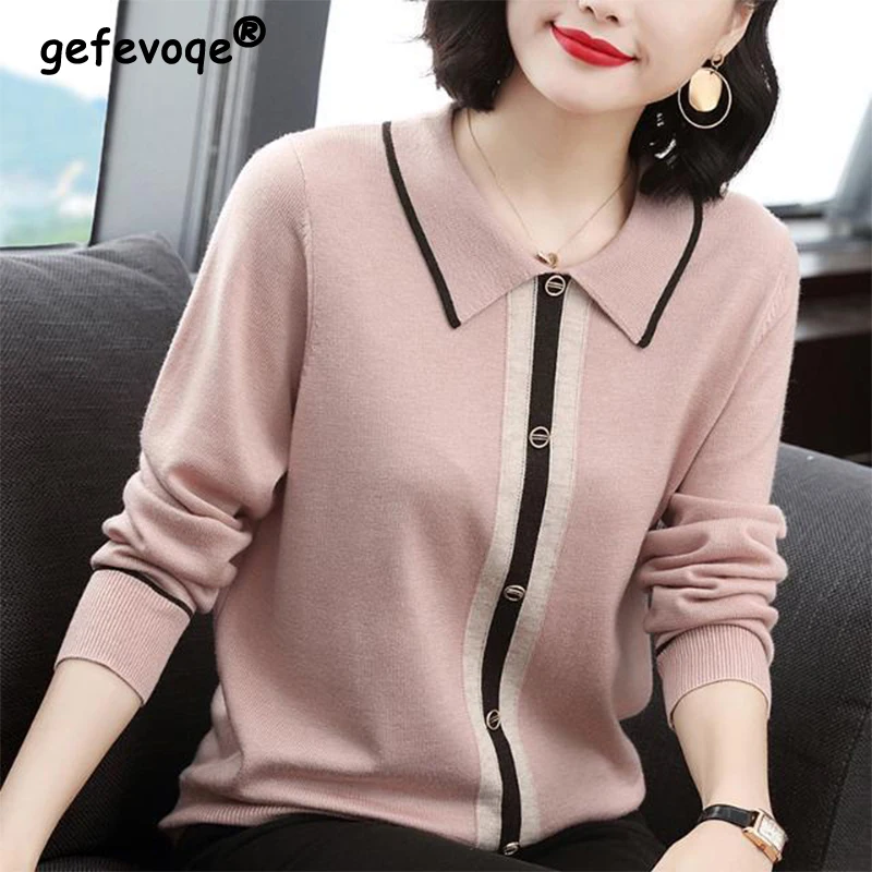 

Spring Autumn New Turn Down Collar Buttons Patchwork Sweaters Ladies Loose Casual All-match Pullovers Top Women Elegant Jumpers