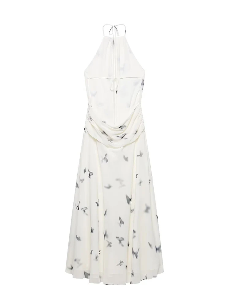 TFMLN Women's Butterfly Print Dresses Elegant Halter Neck Open Back Long Dress Summer Sleeveless Lady Fashion Slim Streetwear