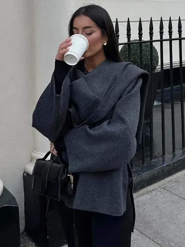 Solid Long Sleeved Short Coat With Scarf Women Loose Single Button Warm Jacket 2025 Autumn Winter Fashion Female Streetwear 5