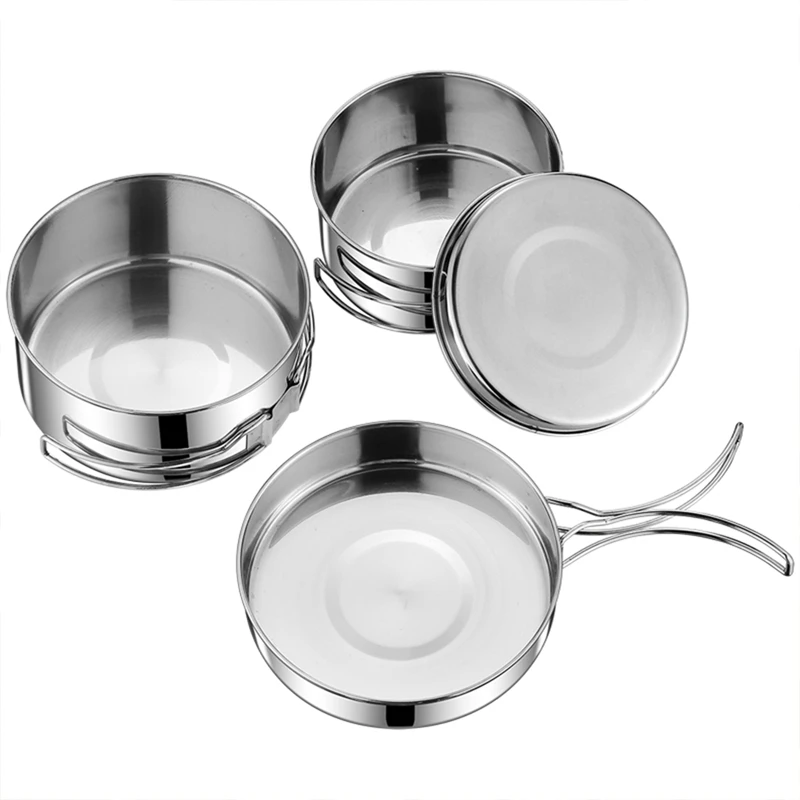 Non Stick Cookware Set 2PCS/SET Stainless Steel Cookware Kit Cooking Pot and Pan Set with Plates Cups for Outdoor Camping Backpacking