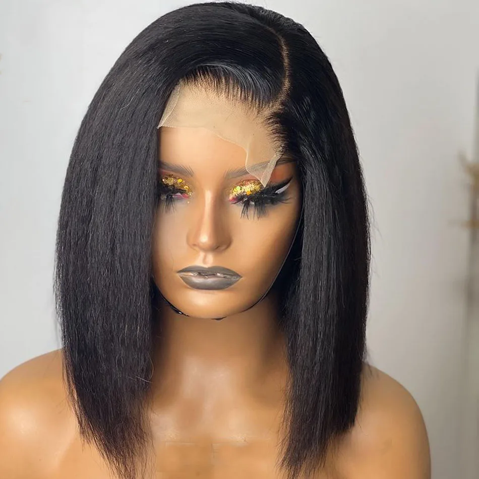 

Natural Black Soft Blunt Short Bob Yaki Kinky Straight Lace Front Wig For Black Women BabyHair Heat Resistant Preplucked Wig