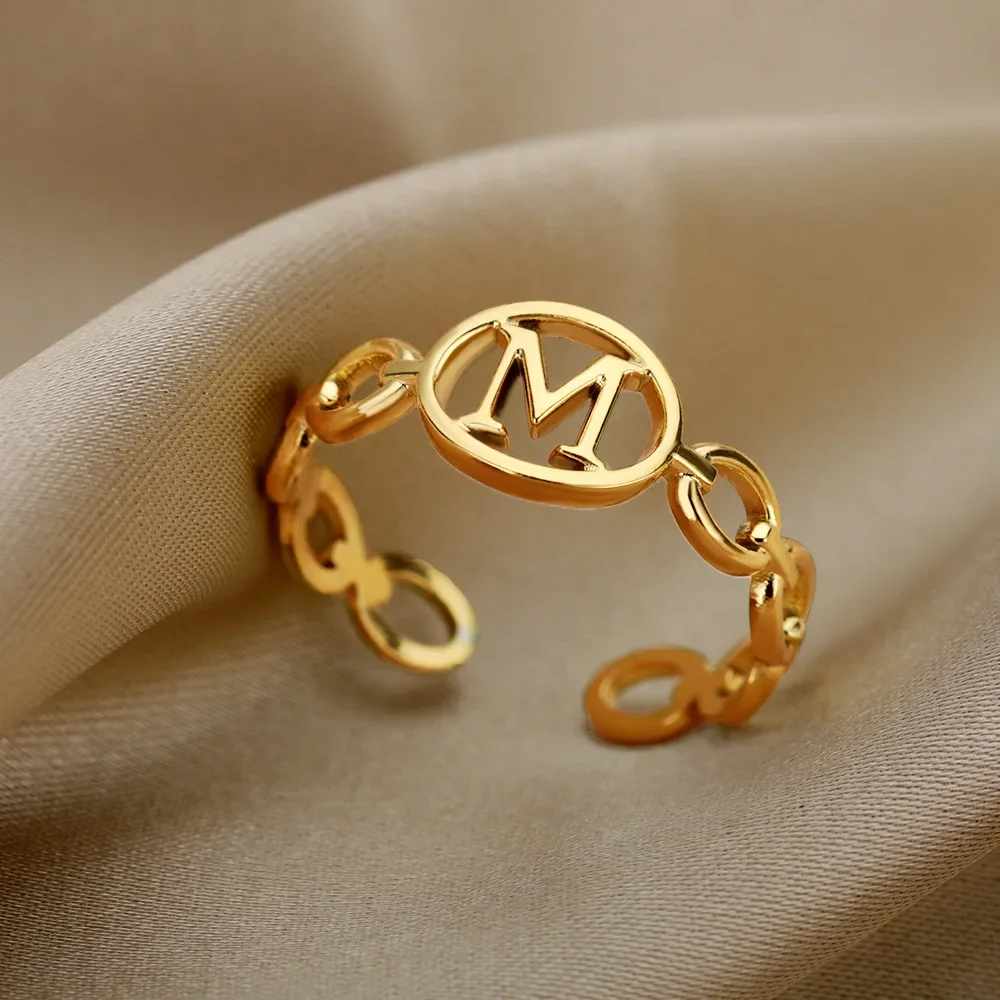 Stainless Steel Hollow Initial Rings For Women Gold Color A-Z