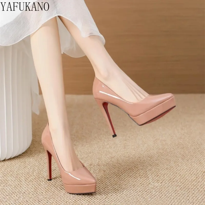 Nude Patent Leather High Heels 2025 Pointed Toe Waterproof Platform Thin Heel Shoes12CM Girl Party Prom Pumps Small Size 32 33 3