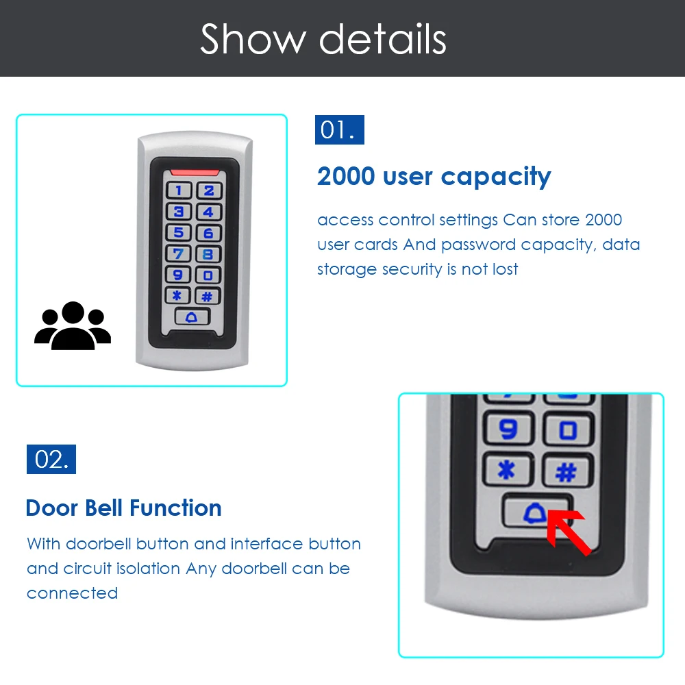 125Khz RFID Reader Standalone Access Control Keypad 2000 User Access Control Sys