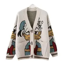 

Cute Cartoon Print Knit Cardigan Women 2021 Autumn Winter Oversize Sweater V Neck Long Sleeve Tops Female Knitted Sweater Coat