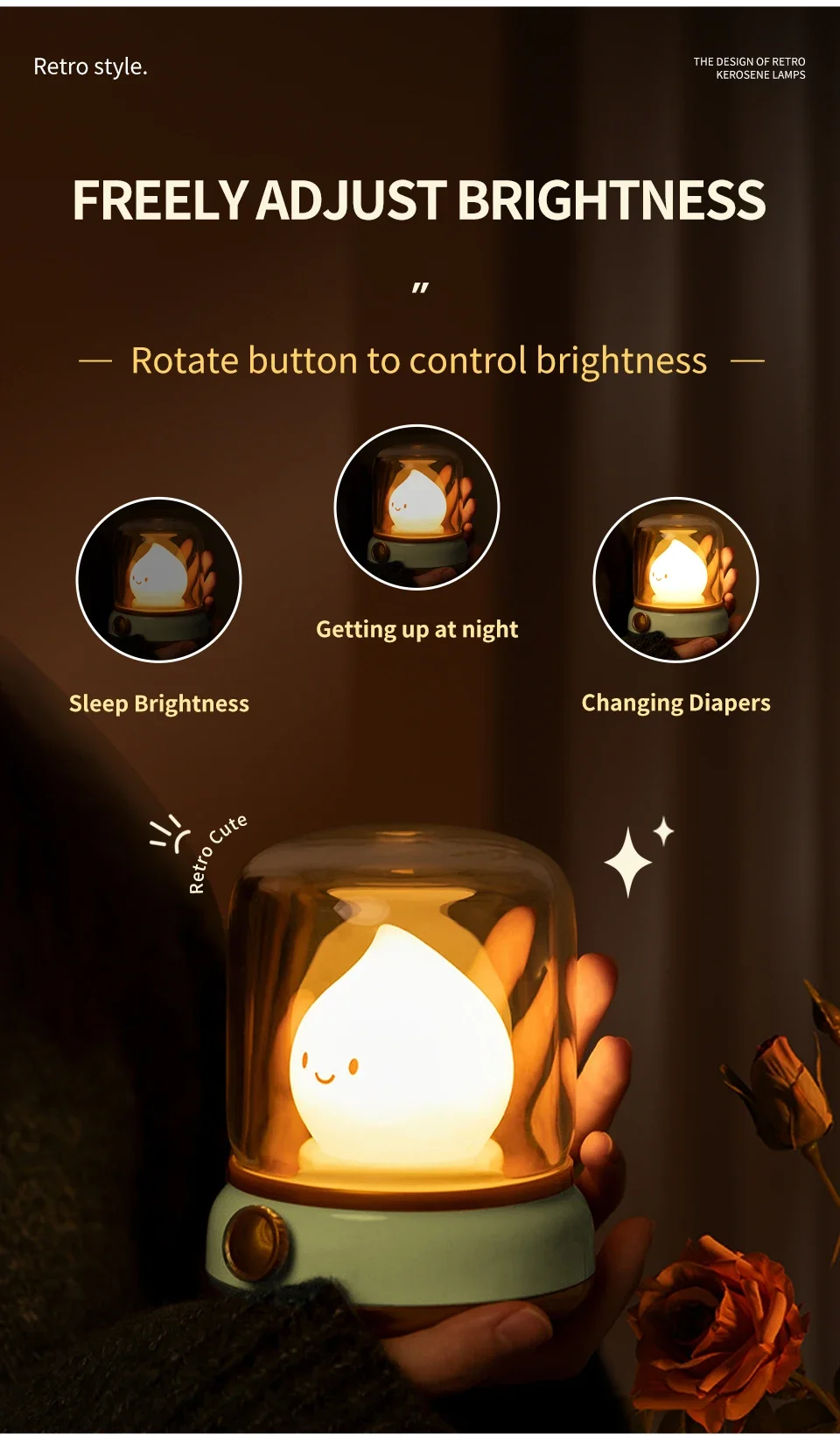 Description Picture 4 of itemCute Kerosene Lamp LED Night Light Rechargeable Dimmable Desktop Lamp Creative Children's Gift Bedroom Home Decoration Light