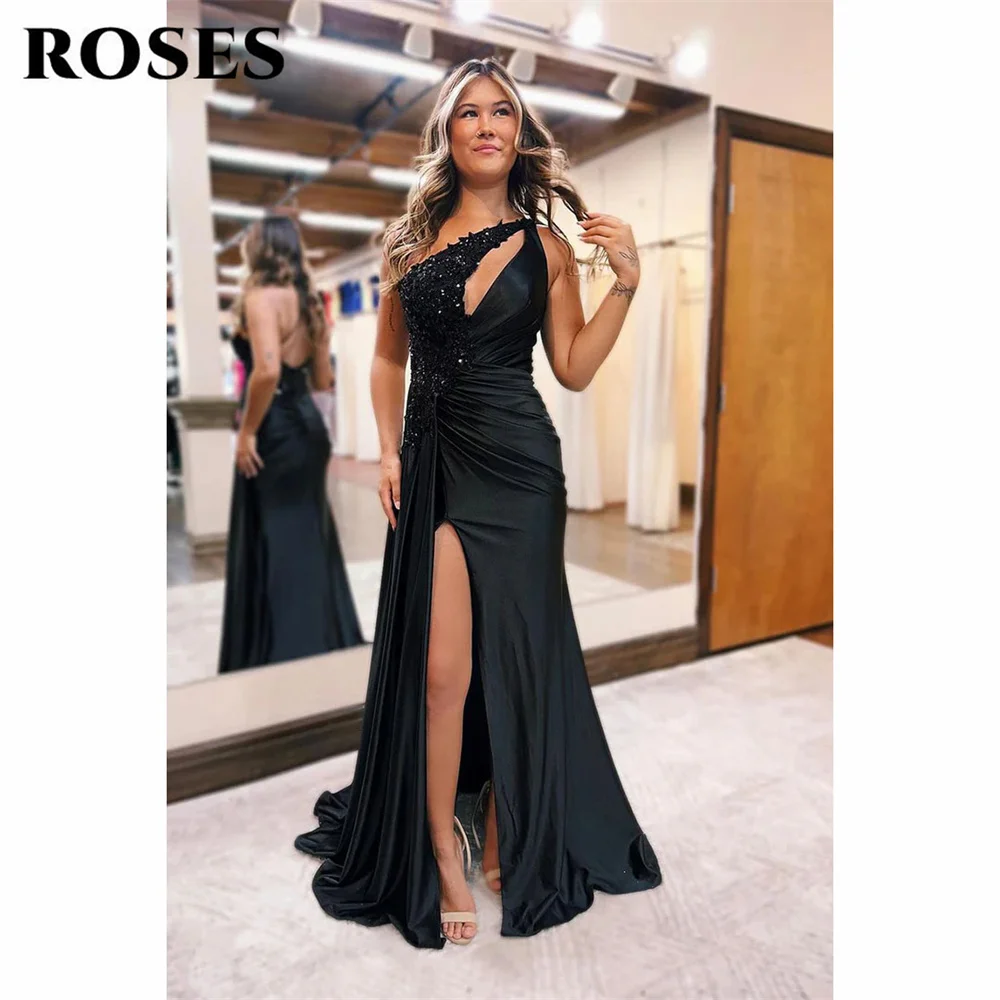 

ROSES Black Prom Dress One Shoulder Mermaid Satin Evening Dress With Appliques Beading Party Dress Side Split Robe De Soirée